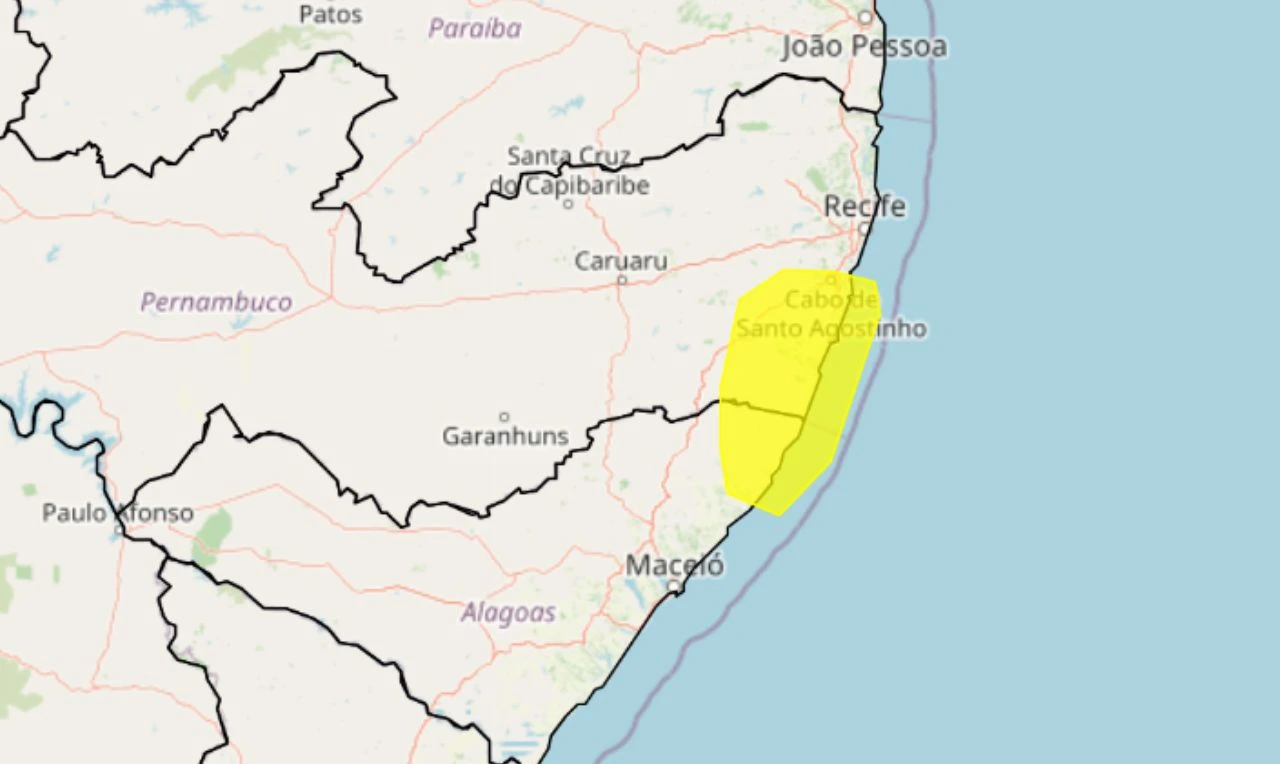 Trata-se de um alerta amarelo para acumulado de chuva em parte de AL e PE