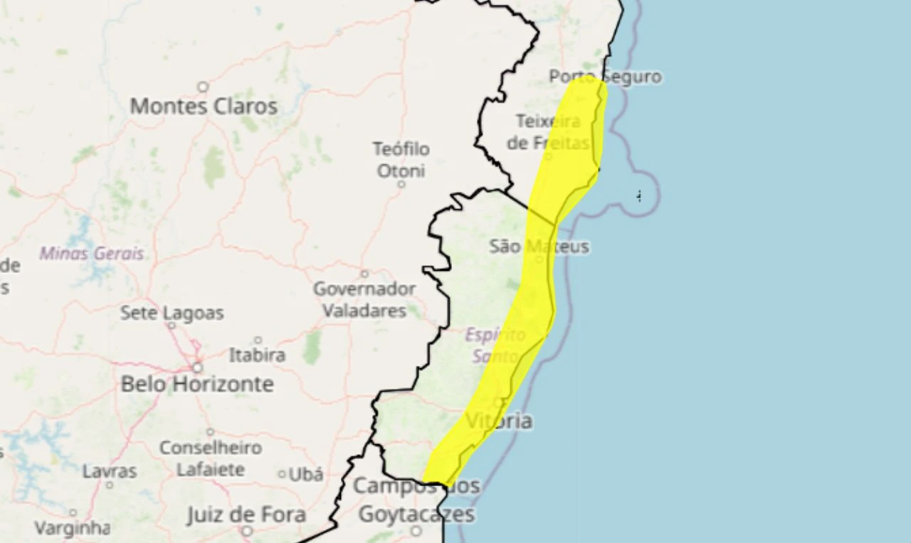 Trata-se de um alerta amarelo para acumulado de chuva em partes da BA e ES