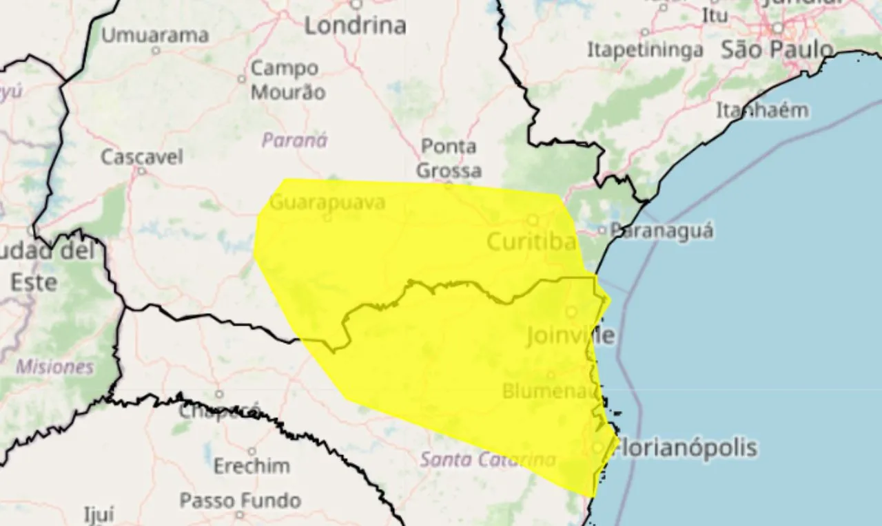 Trata-se de um alerta amarelo para acumulado de chuva em parte da região sul