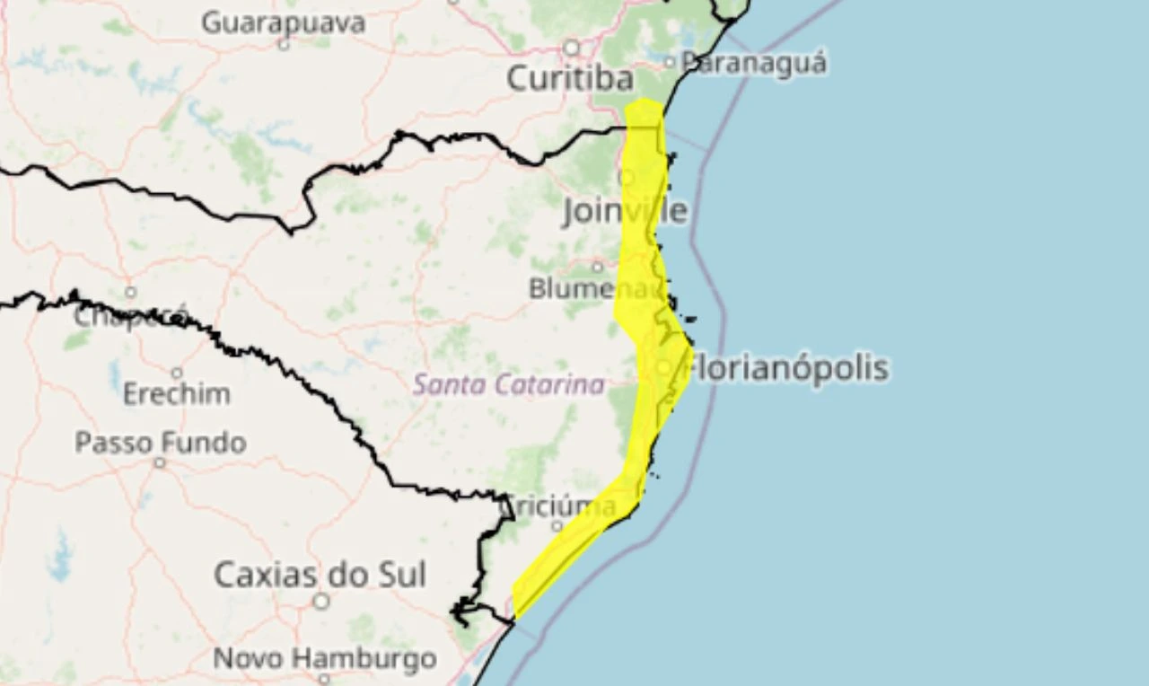 Trata-se de um alerta amarelo para acumulado de chuva em parte da região Sul