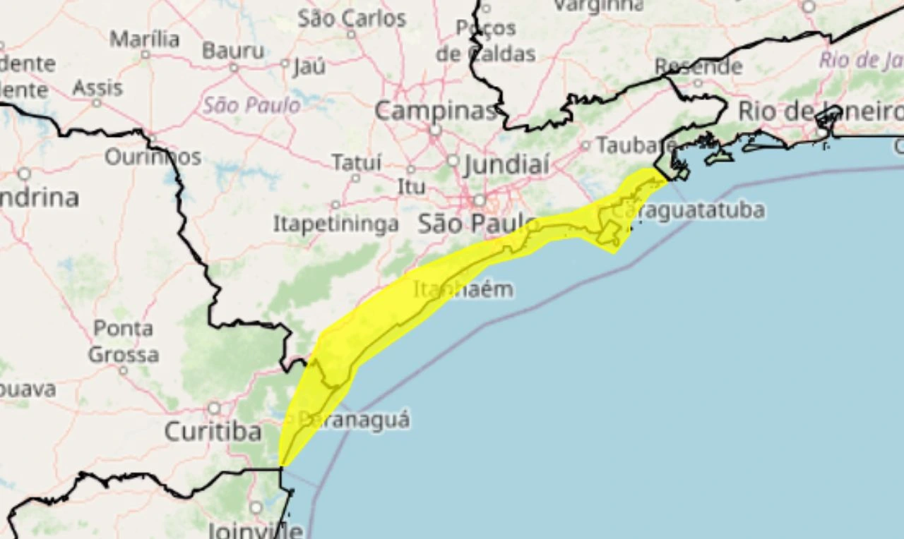 Trata-se de um alerta amarelo para acumulados de chuva e risco de alagamentos e deslizamentos em SP e SC