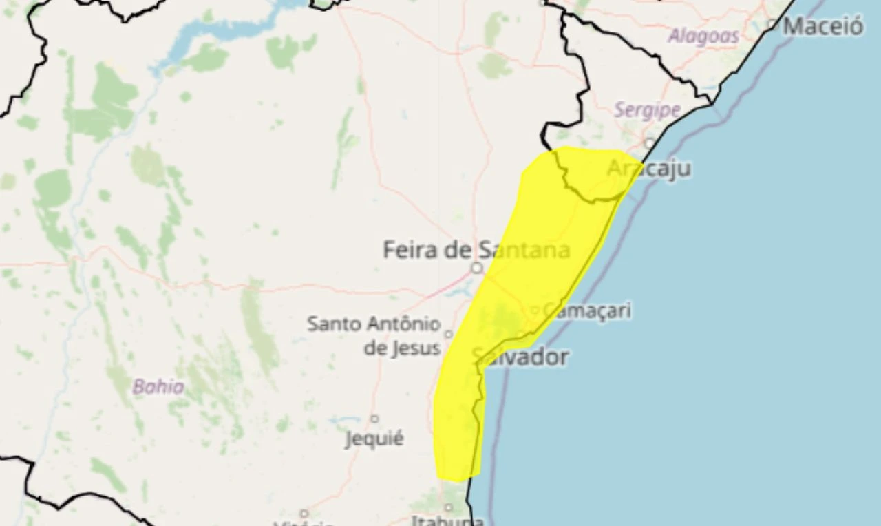 Trata-se de um alerta amarelo para acumulado de chuva em parte da BA e SE