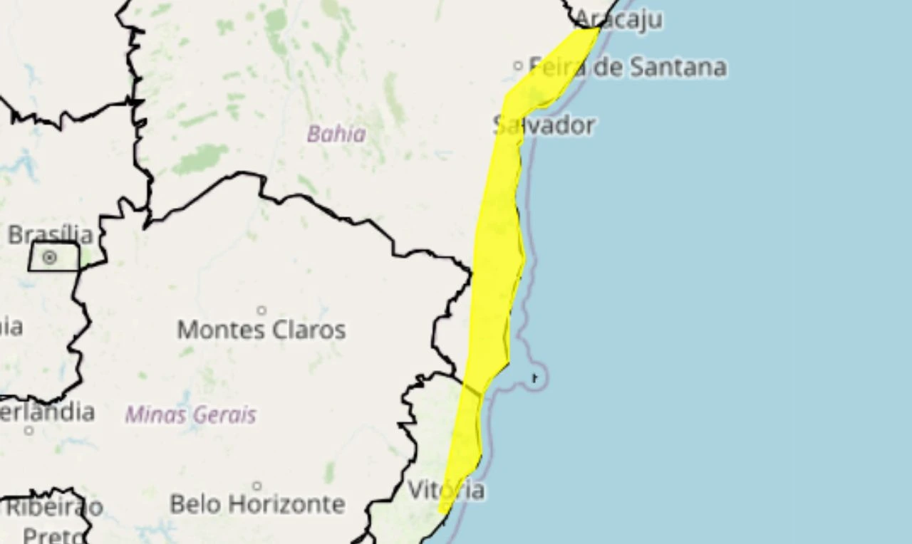 Trata-se de um alerta amarelo para acumulados de chuva e risco de alagamentos em parte da Bahia e Espírito Santo