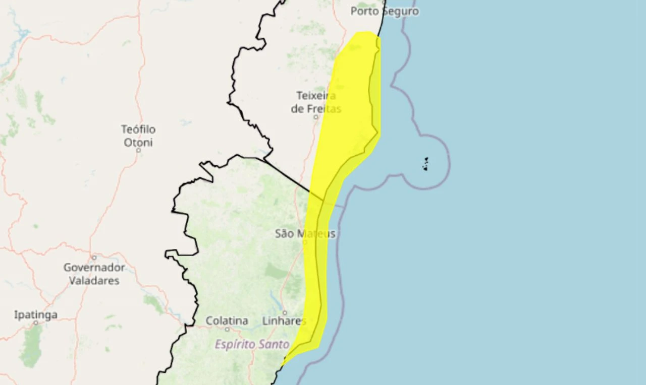 Trata-se de um alerta amarelo para acumulado de chuva e risco de deslizamento, em partes da Bahia e Espírito Santo