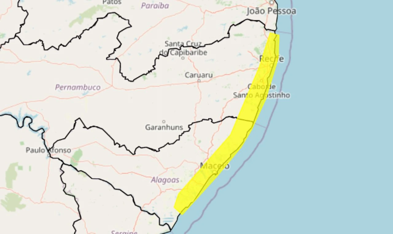 Trata-se de um alerta amarelo para acumulado de chuva em parte da região Nordeste