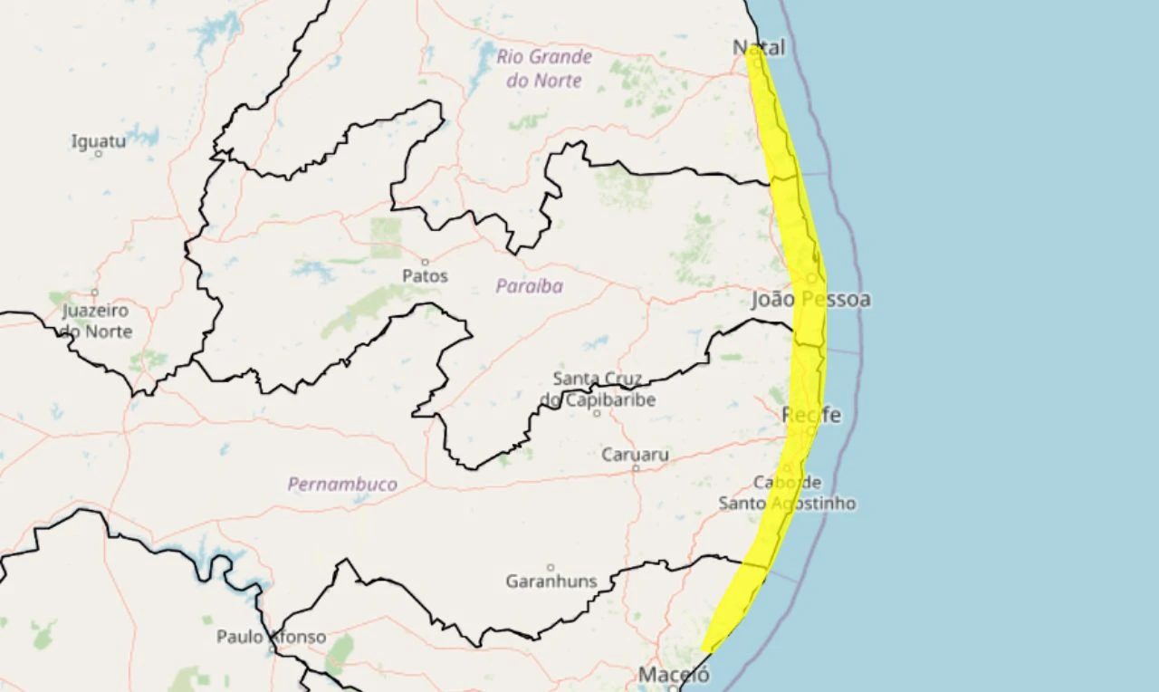 Trata-se de um alerta amarelo para acumulado de chuva em parte da região Nordeste