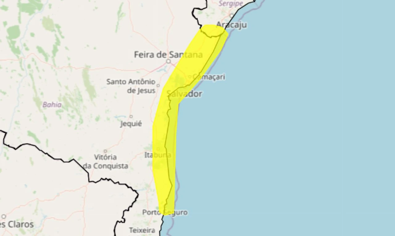 Trata-se de um alerta amarelo para acumulado de chuva e risco de alagamentos e deslizamentos em partes da BA e SE