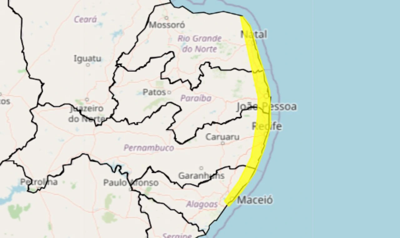 Trata-se de um alerta amarelo para acumulado de chuva em parte da região Nordeste