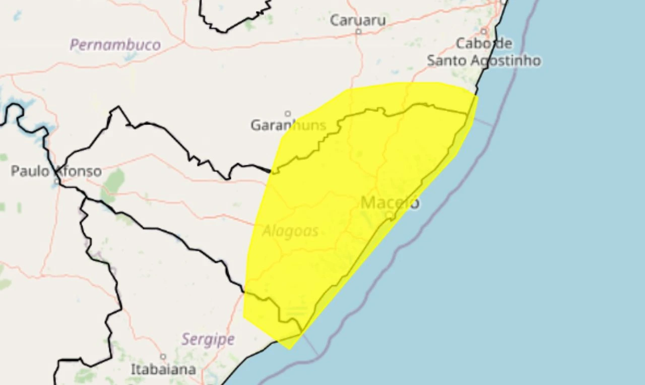 Trata-se de um alerta amarelo para acumulado de chuva, com risco de alagamentos e deslizamentos em parte do Nordeste
