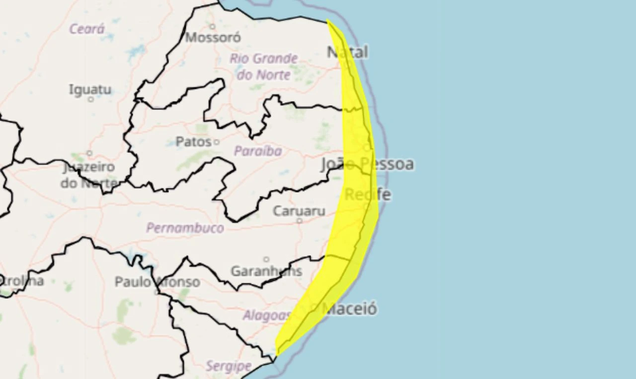 Trata-se de um alerta amarelo para acumulado de chuva em parte da região Nordeste