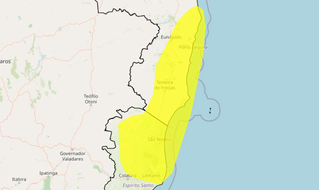 Trata-se de um alerta amarelo para acumulado de chuva, risco de alagamentos e deslizamentos em partes da BA e ES