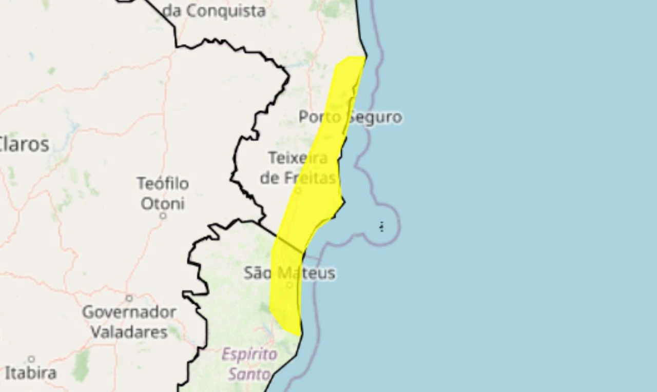 Trata-se de um alerta amarelo para acumulado de chuva em partes da Bahia e Espírito Santo