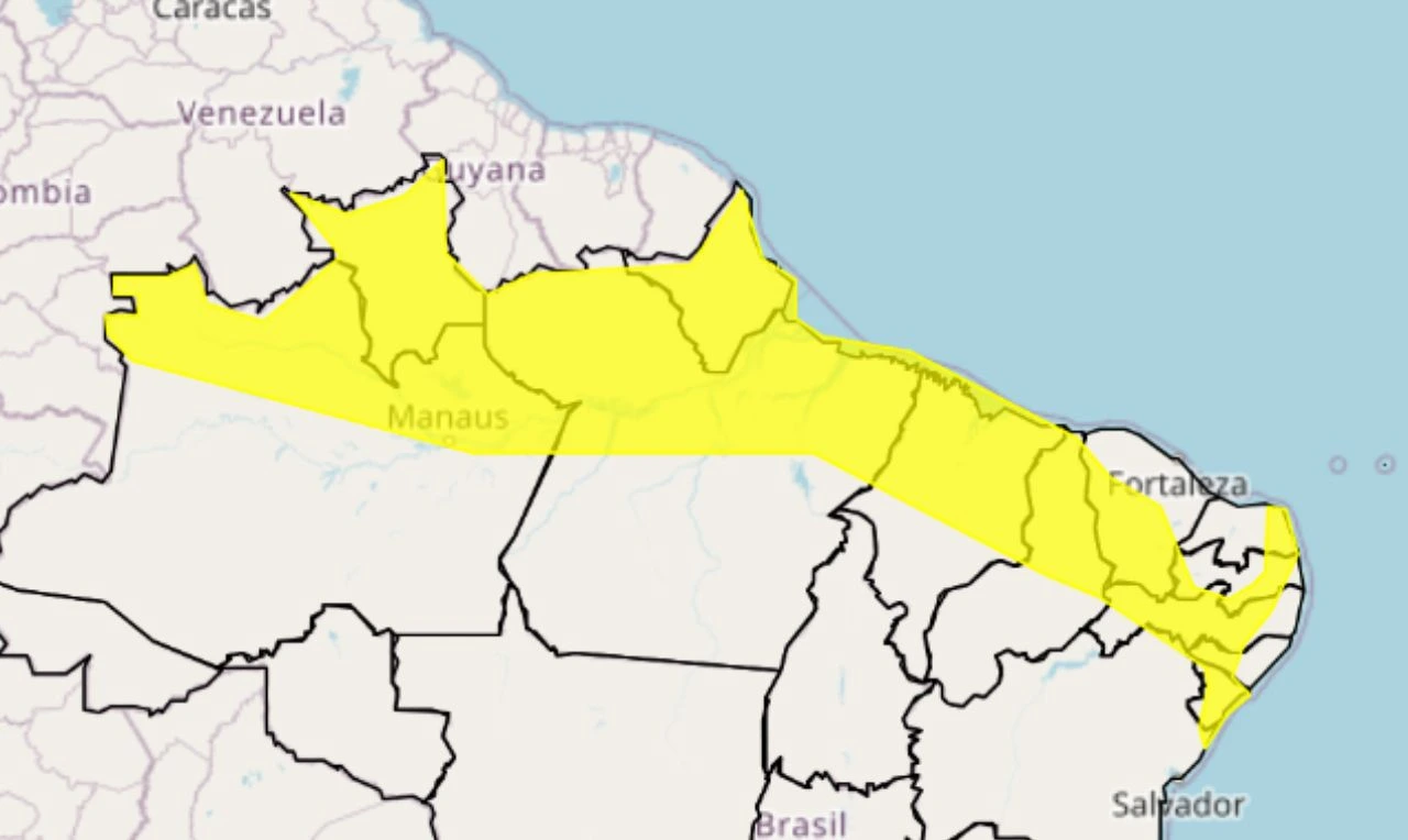 Trata-se de um alerta amarelo para acumulados de chuva, com risco de alagamento e deslizamento em partes do Norte e Nordeste