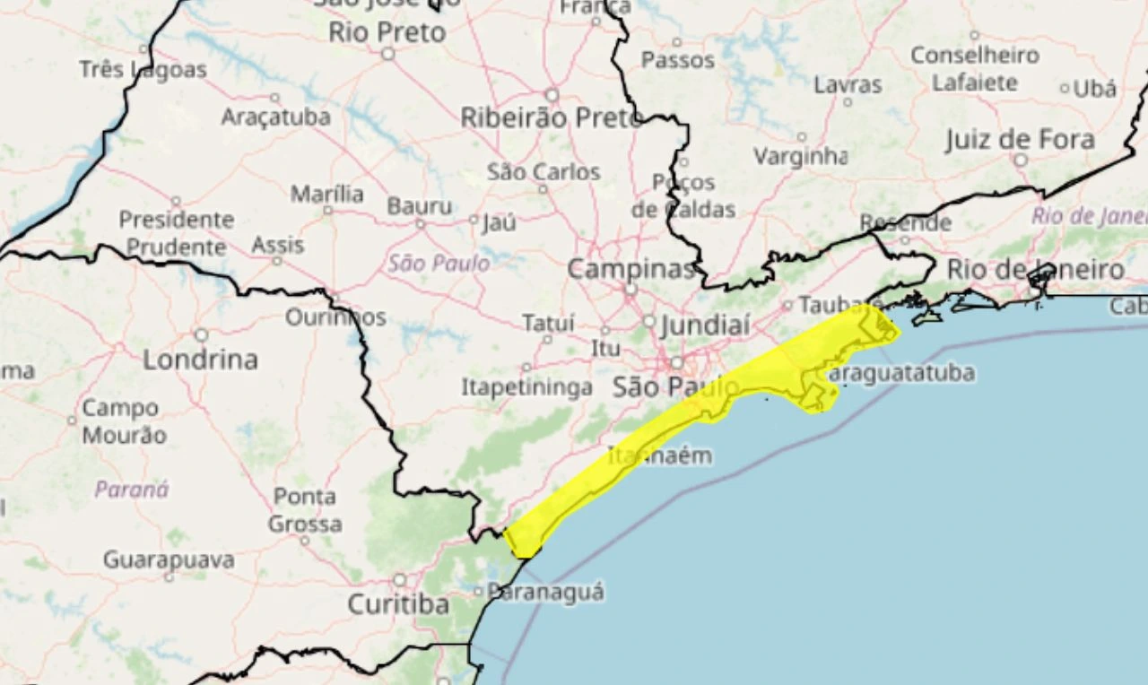 Trata-se de um alerta amarelo para acumulado de chuva em partes de SP, RJ e PR