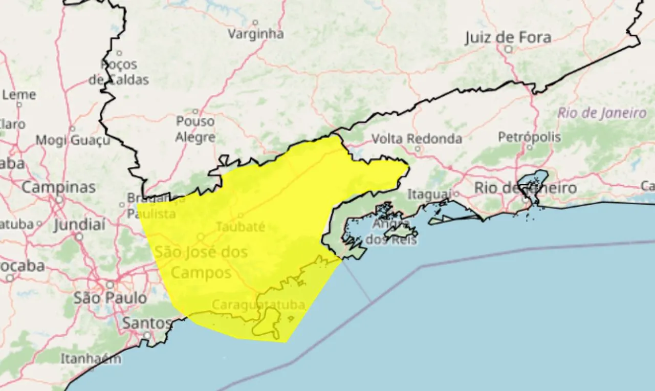 Trata-se de um alerta amarelo para chuva acumulada com risco de alagamentos e deslizamentos em São Paulo e Minas Gerais