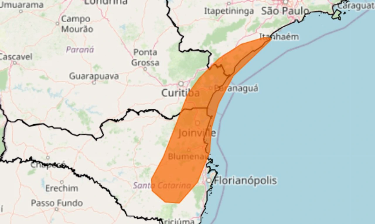 Trata-se de um alerta laranja para acumulado de chuva, e risco de alagamentos e deslizamentos em parte do Sudeste e Sul