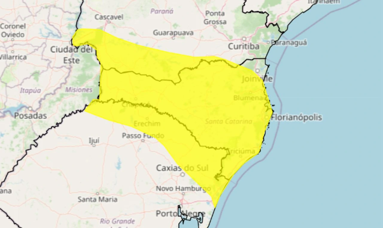 Trata-se de um alerta amarelo para acumulado de chuva em parte da região Sul