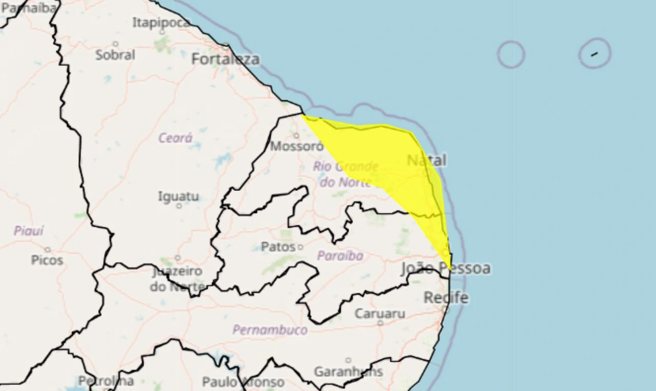 Trata-se de um alerta amarelo para acumulado de chuva em parte de RN e PB