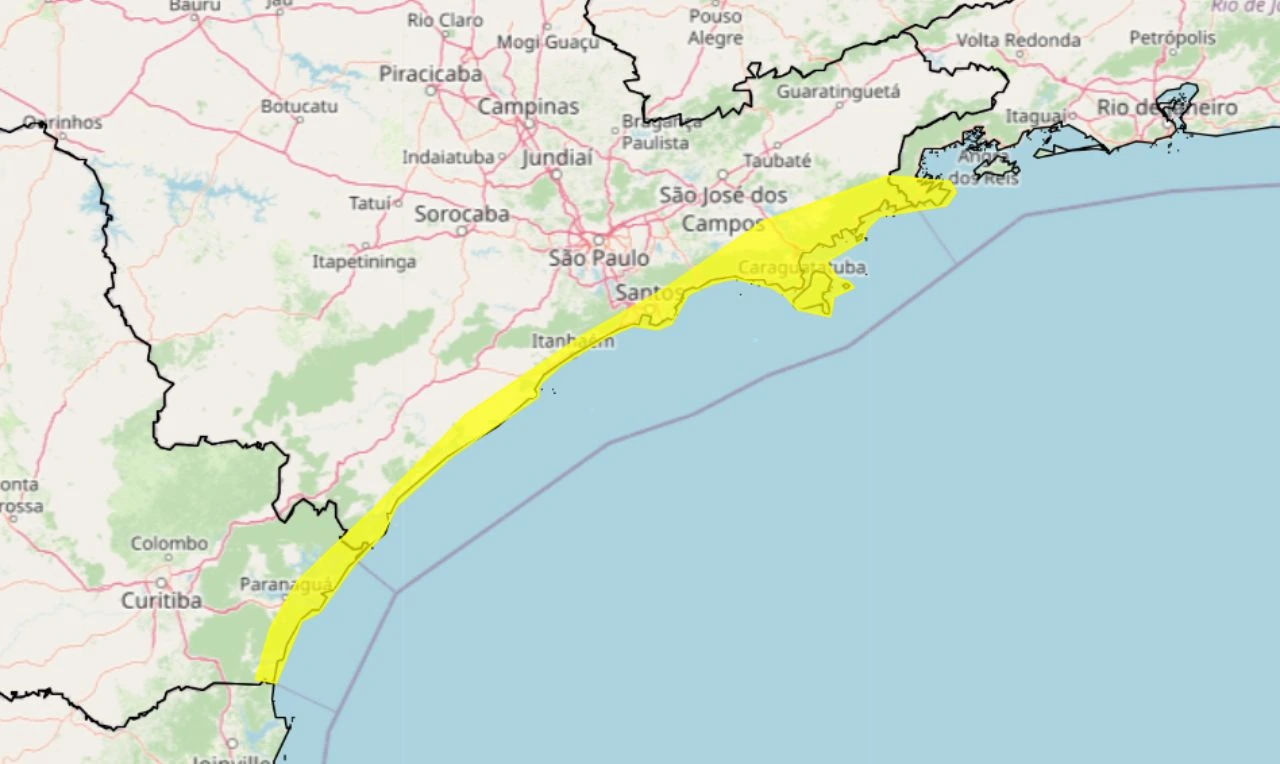 Trata-se de um alerta amarelo para acumulados de chuva, com risco de alagamentos e deslizamentos em partes do Sudeste e Sul