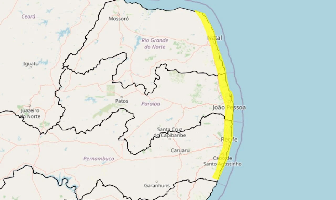 Trata-se de um alerta amarelo para acumulado de chuva em parte da região Nordeste