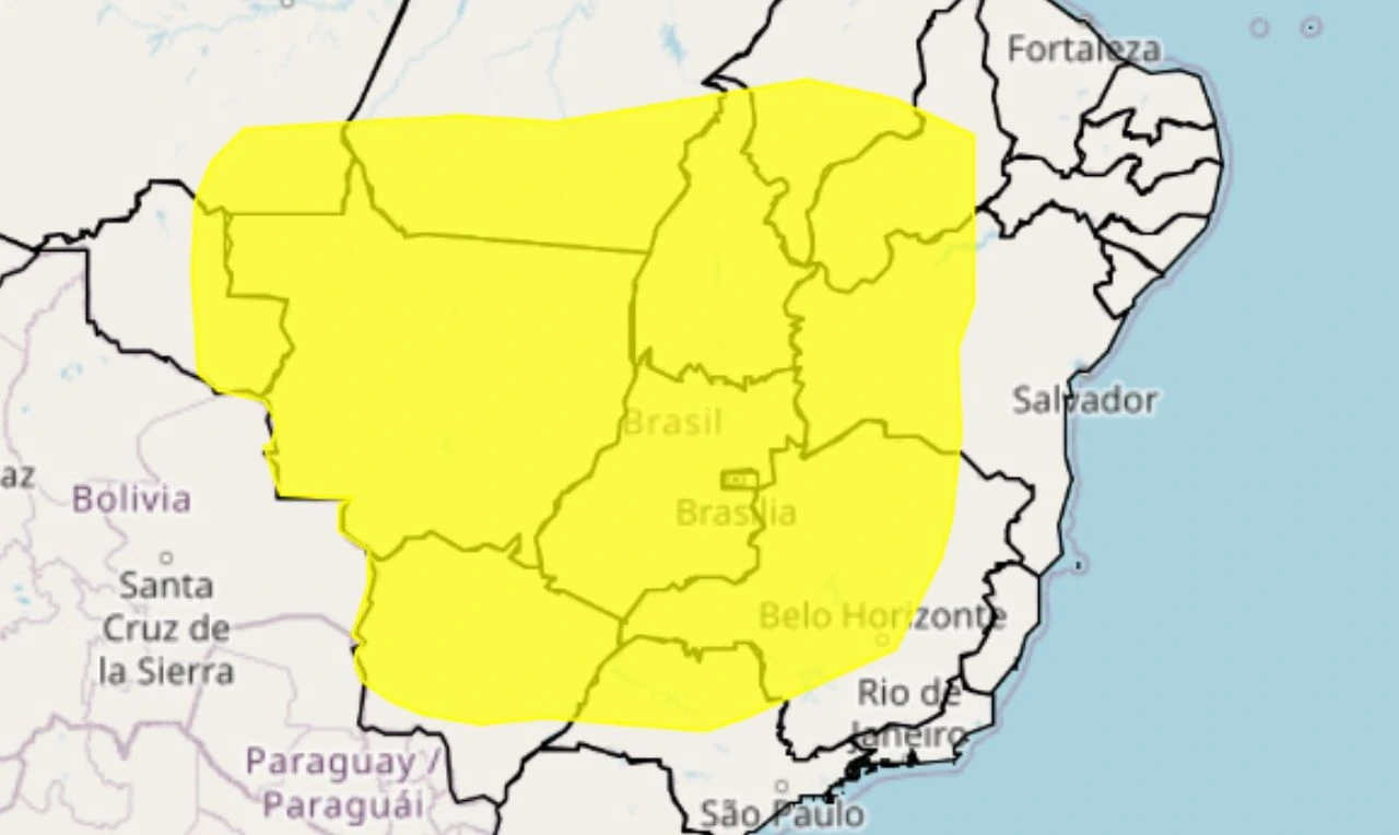 Trata-se de um alerta amarelo para baixa umidade em grande parte do país