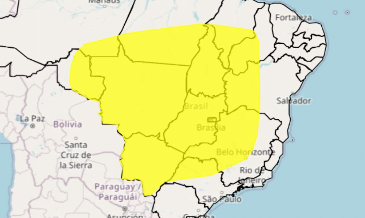 Trata-se de um alerta amarelo para baixa umidade em grande parte do país