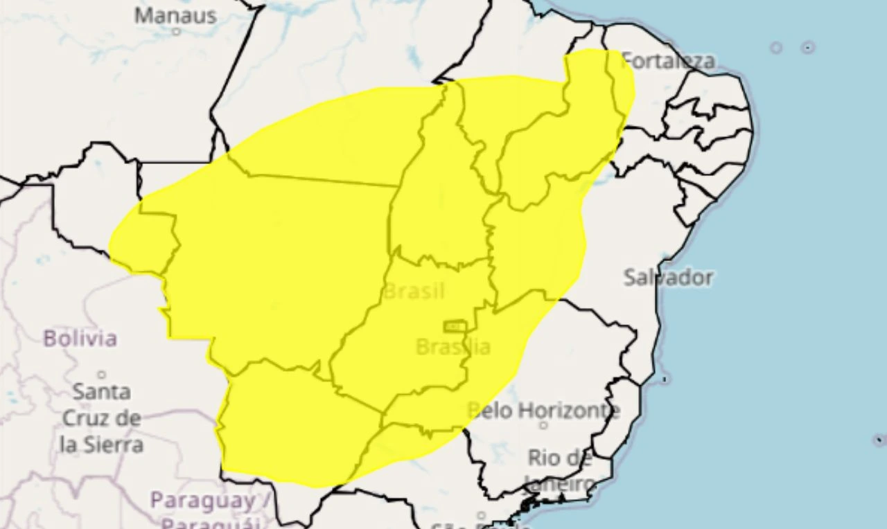 Trata-se de um alerta amarelo para baixa umidade em grande parte do país