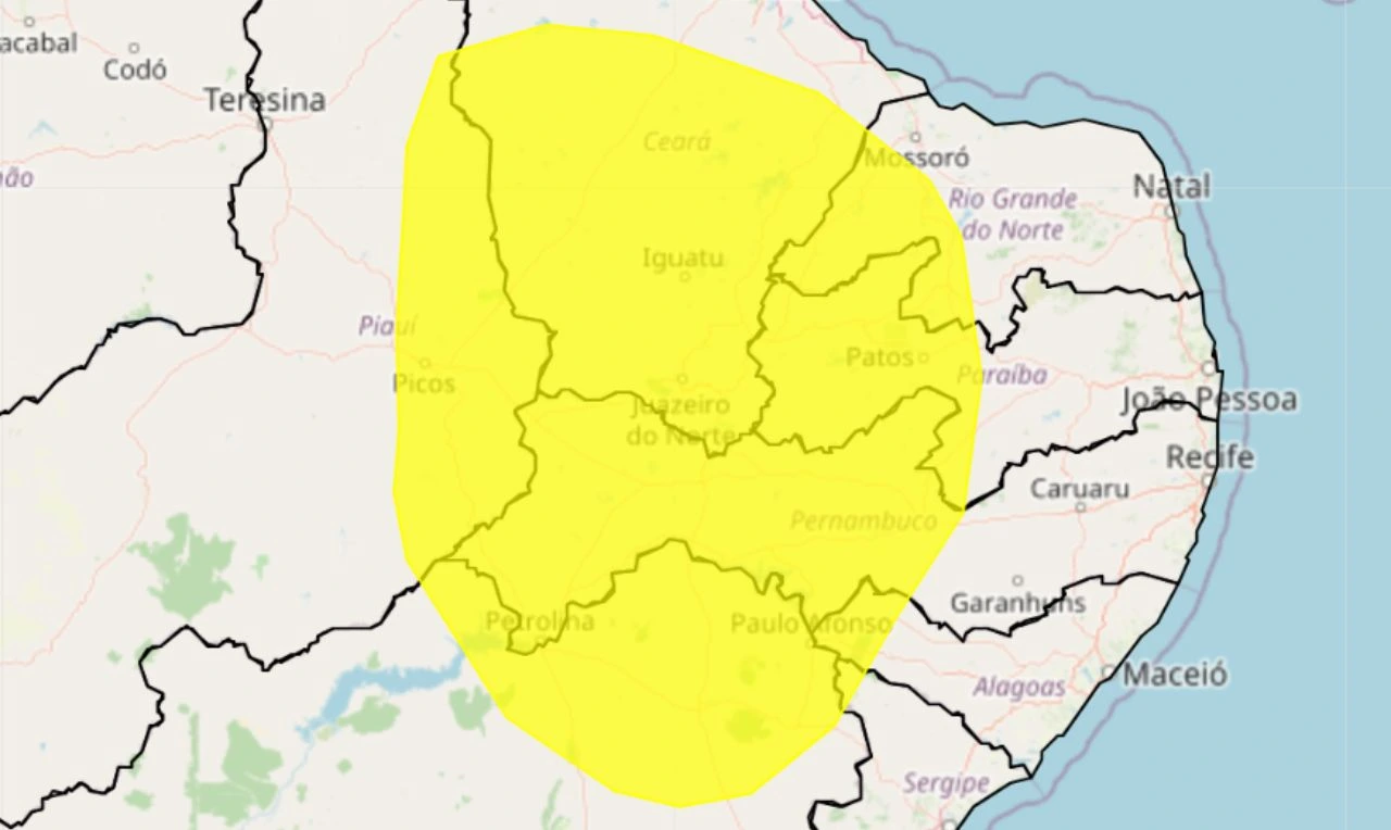 Trata-se de um alerta amarelo para baixa umidade e riscos de incêndio na região Nordeste do país