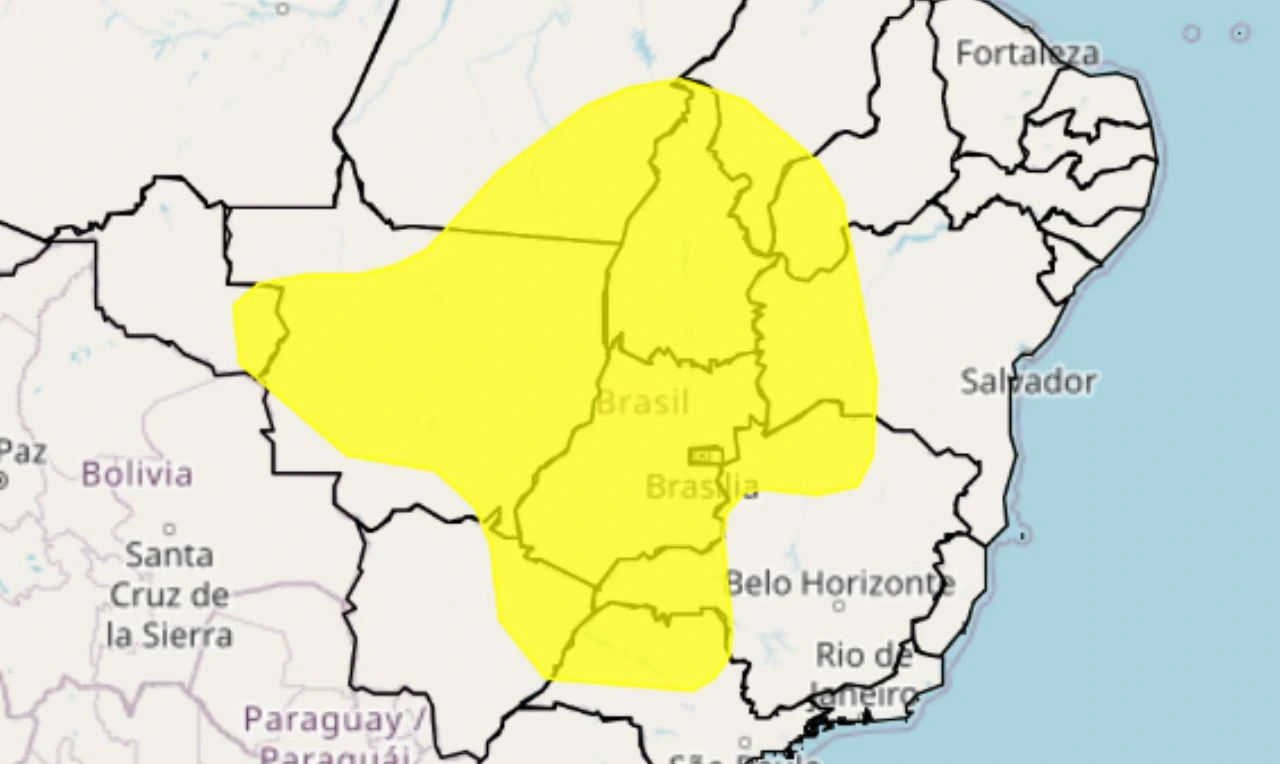 Trata-se de um alerta amarelo para baixa umidade em partes do Norte, Nordeste, Centro-Oeste e Sudeste