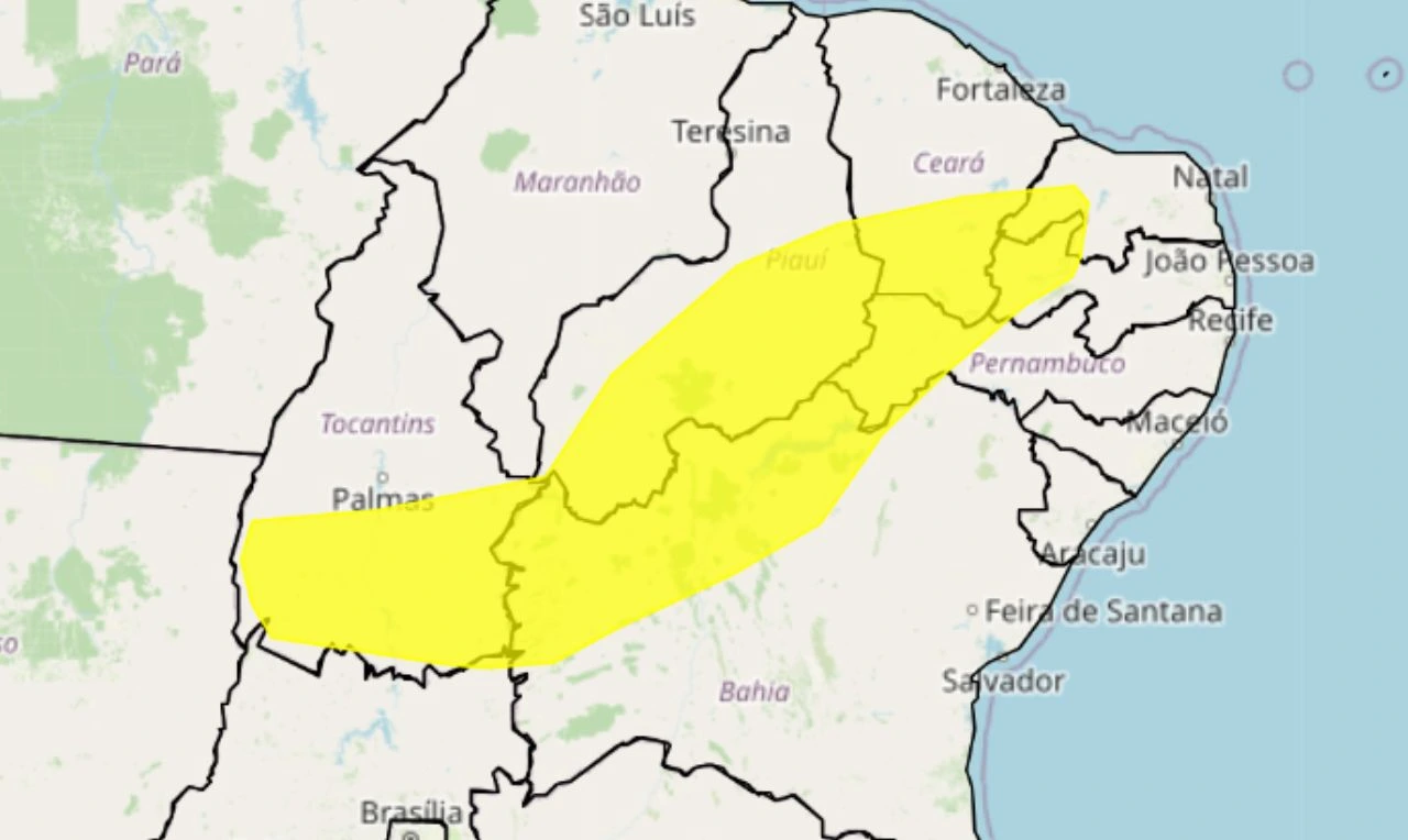 Trata-se de um alerta amarelo para baixa umidade em partes do nordeste, centro-oeste e norte do país
