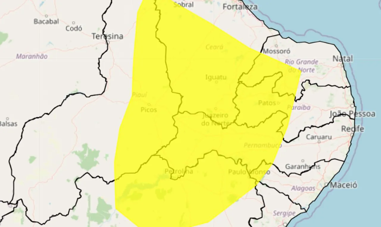 A imagem mostra um alerta amarelo para baixa umidade em parte da região Nordeste
