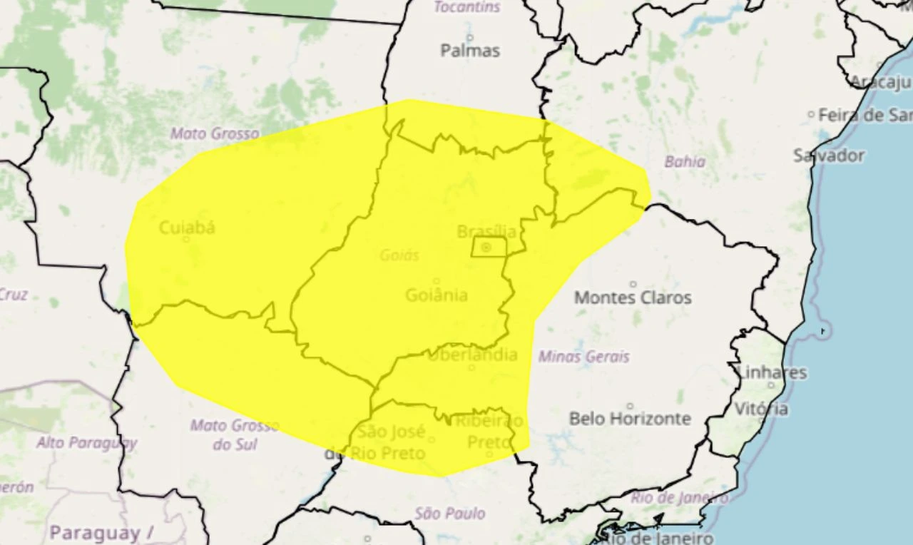 Trata-se de um alerta amarelo para baixa umidade em parte das regiões Norte, Nordeste, Centro-Oeste e Sudeste