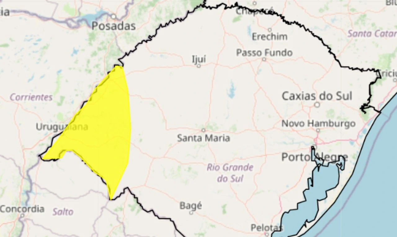 A imagem mostra um alerta amarelo para baixa umidade no Rio Grande do Sul