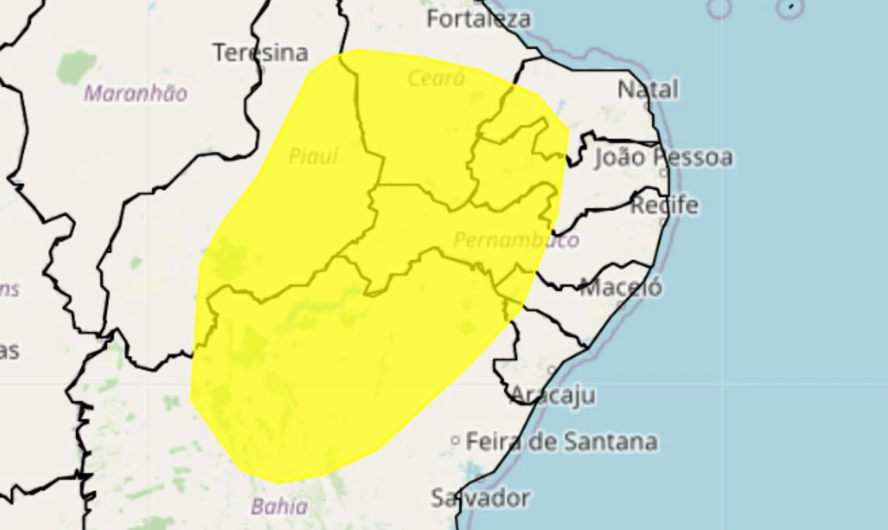 A imagem mostra um alerta amarelo para baixa umidade na Região Nordeste