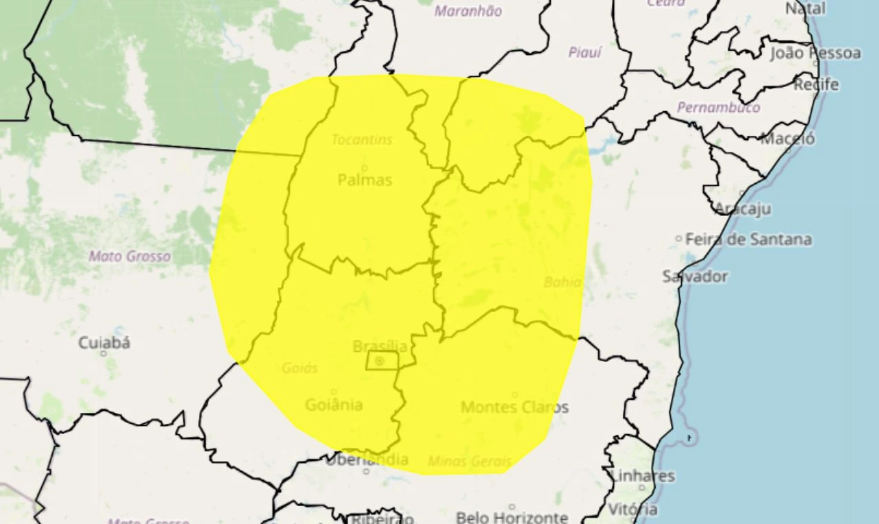 Trata-se de um alerta amarelo para baixa umidade em partes do Norte, Nordeste, Centro-Oeste e Sudeste