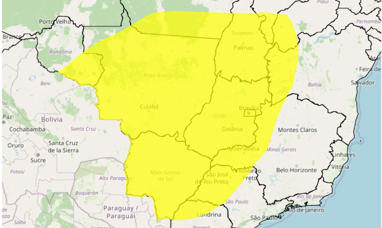 Trata-se de um alerta amarelo para baixa umidade em parte do país
