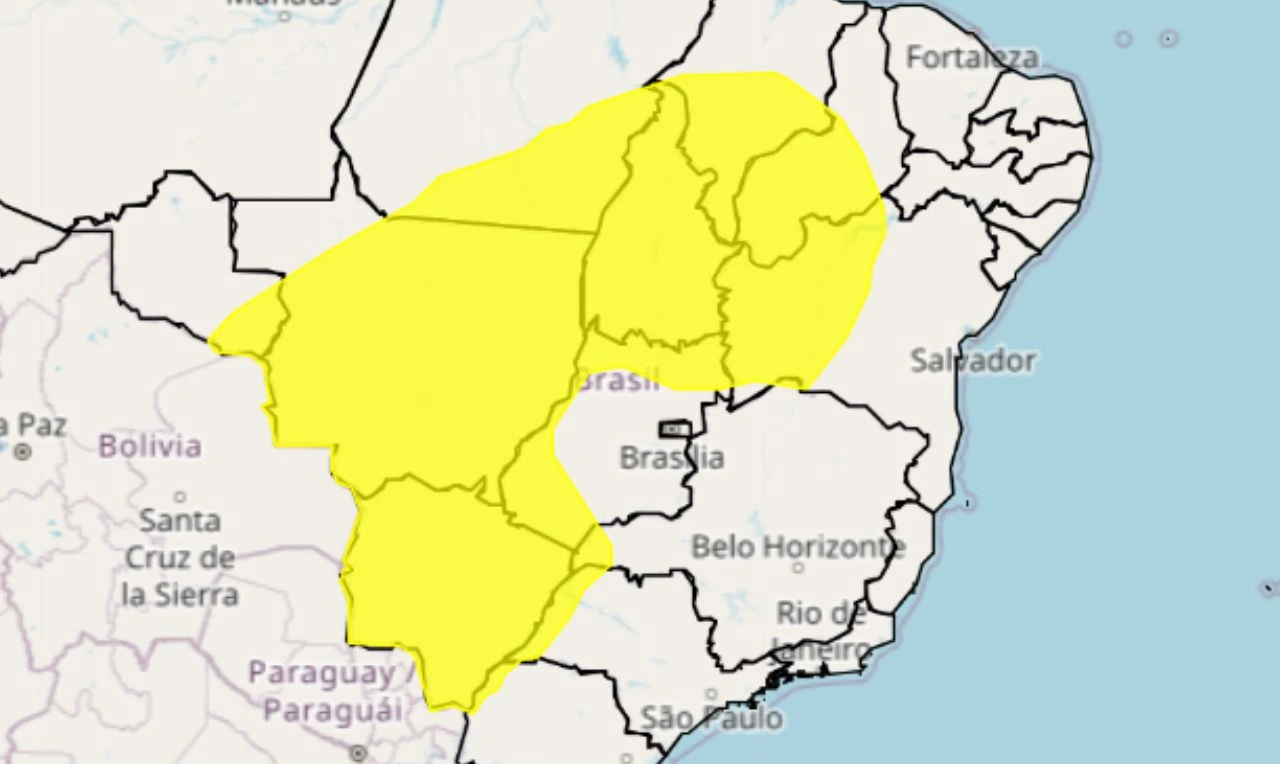 Trata-se de um alerta amarelo para baixa umidade em grande parcela do país