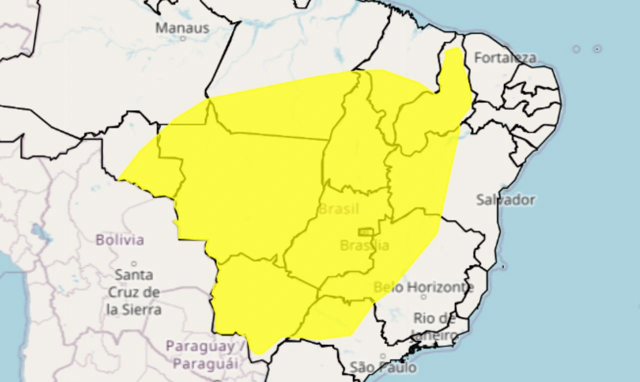 Trata-se de um alerta amarelo para baixa umidade em grande parte do país