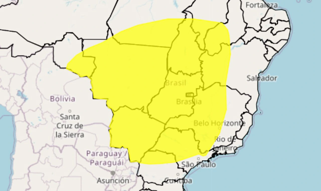 Trata-se de um alerta amarelo para baixa umidade e risco de incêndios em grande parte do país