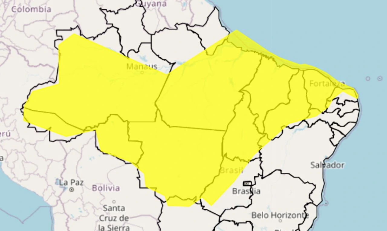 Trata-se de um alerta amarelo para chuva intensa e risco de alagamento em partes do Norte, Nordeste e Centro-Oeste