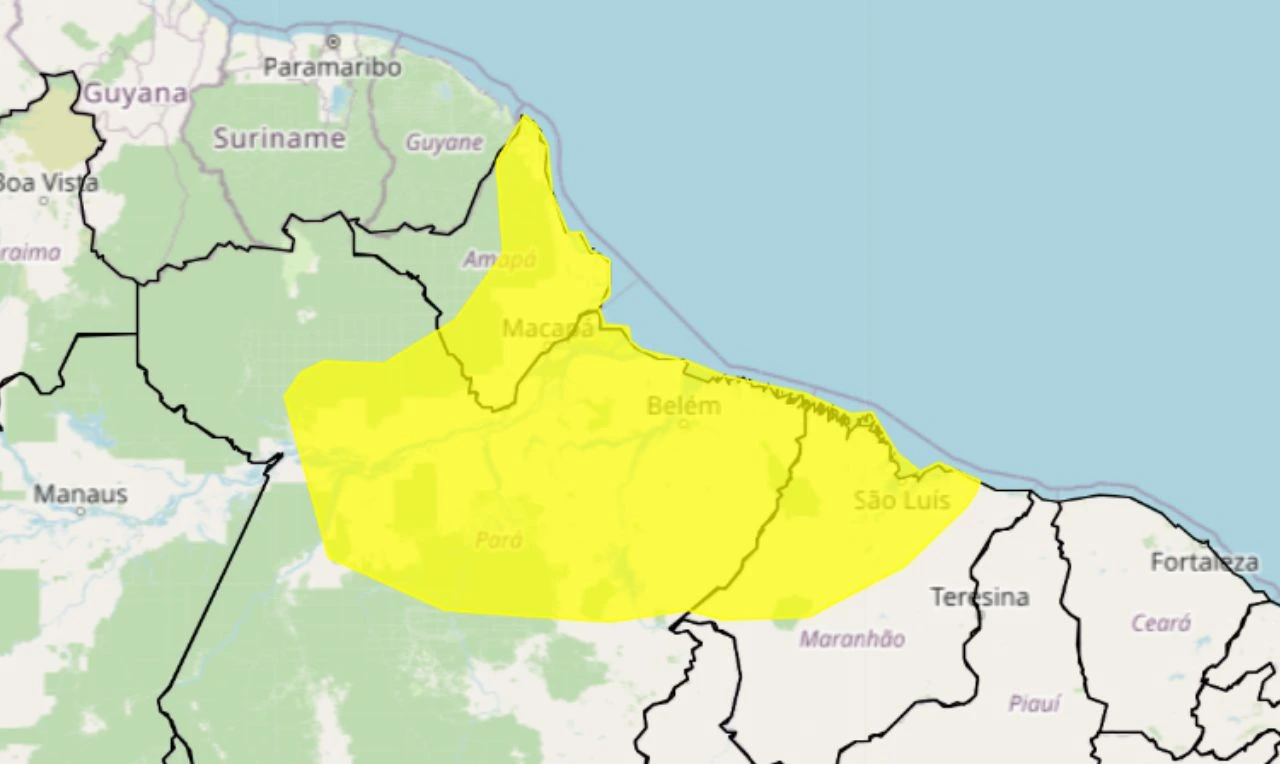 Trata-se de um alerta amarelo para chuva intensa e risco de alagamentos em partes das regiões Norte e Nordeste