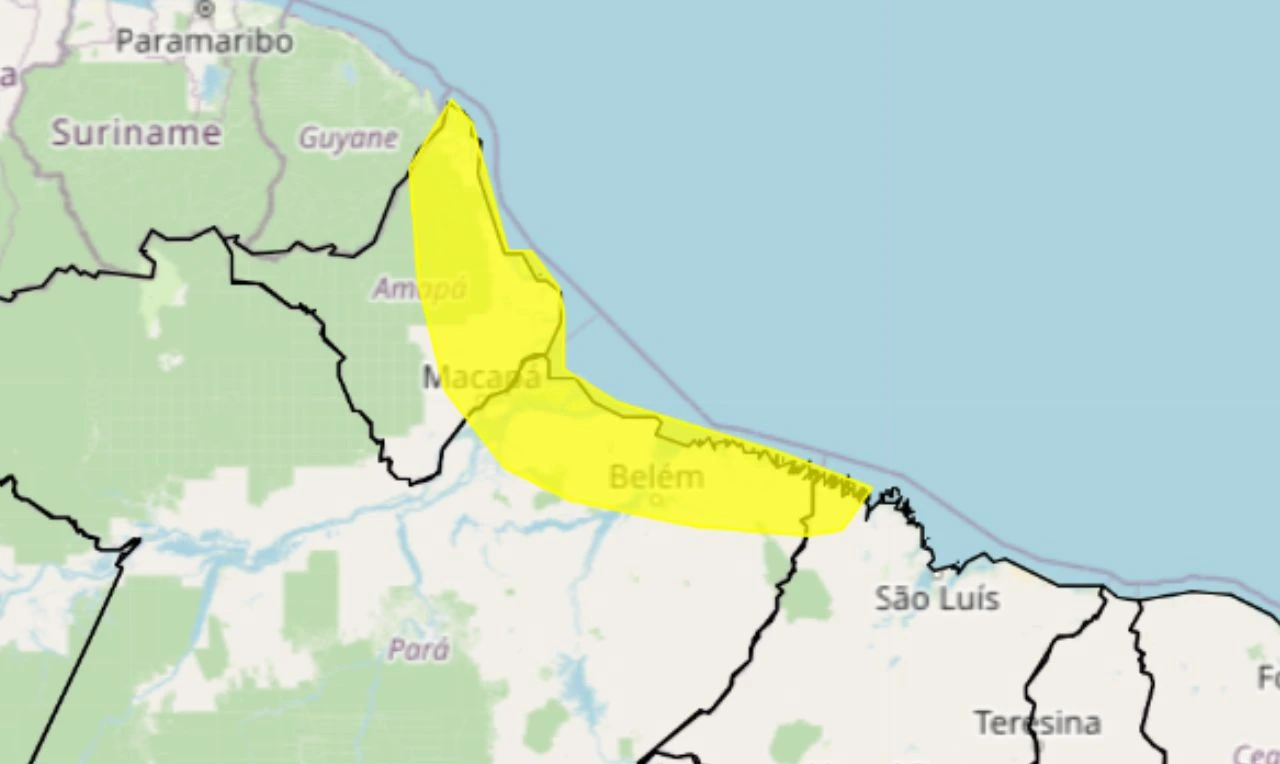 Trata-se de um alerta amarelo para chuva intensa em parte das regiões Norte e Nordeste