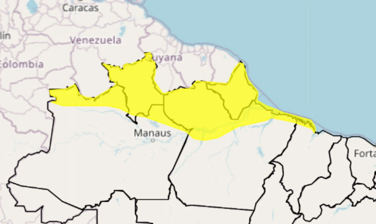 Trata-se de um alerta amarelo para chuvas intensas e risco de alagamento em partes das regiões Norte e Nordeste