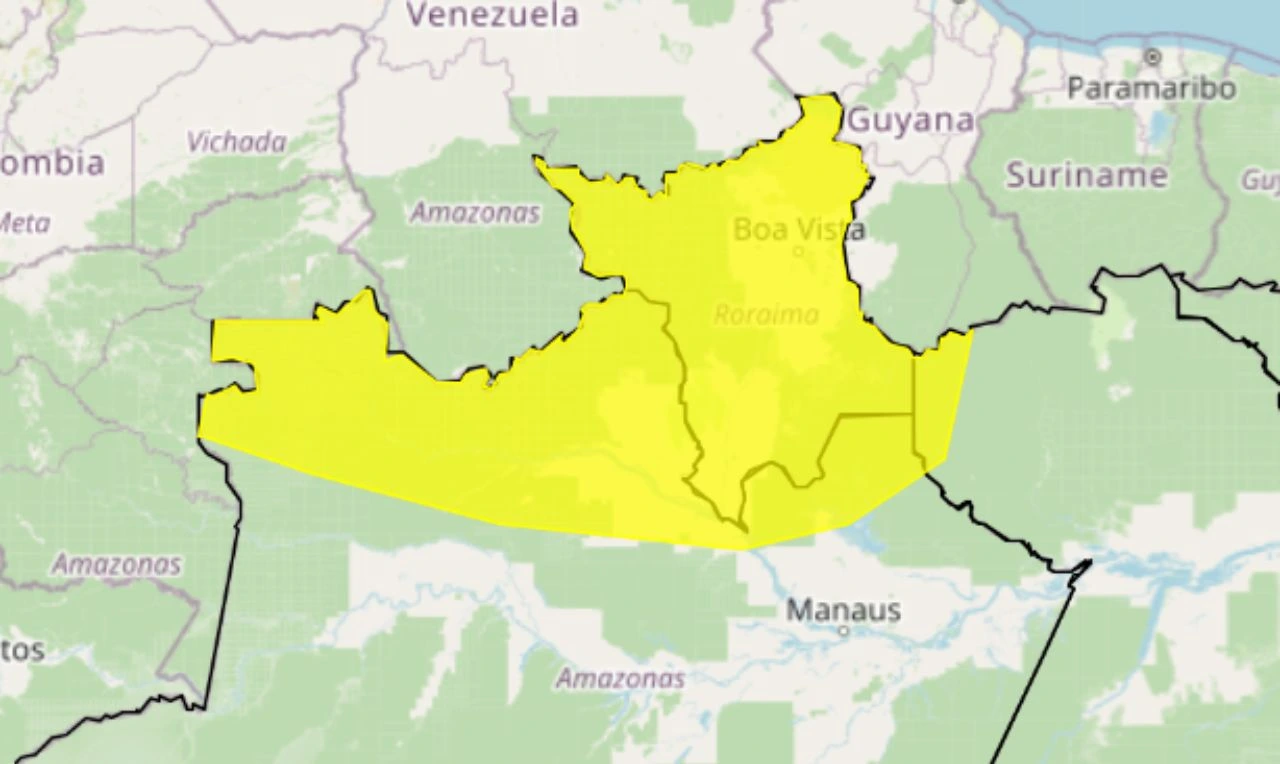 Trata-se de um alerta amarelo para chuvas intensas, com risco de alagamentos e raios em parte da região Norte