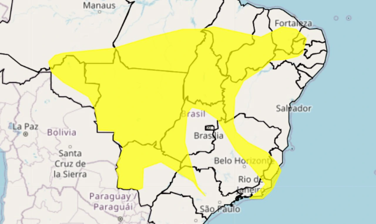 Trata-se de um alerta amarelo para chuva intensa, ventania e risco de alagamento nas regi&otilde;es Norte, Nordeste, Centro-Oeste e Sudeste