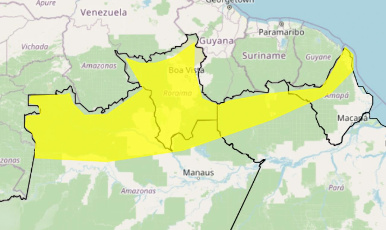 Trata-se de um alerta amarelo para chuvas intensas, ventania e risco de queda de energia em parte da região Norte