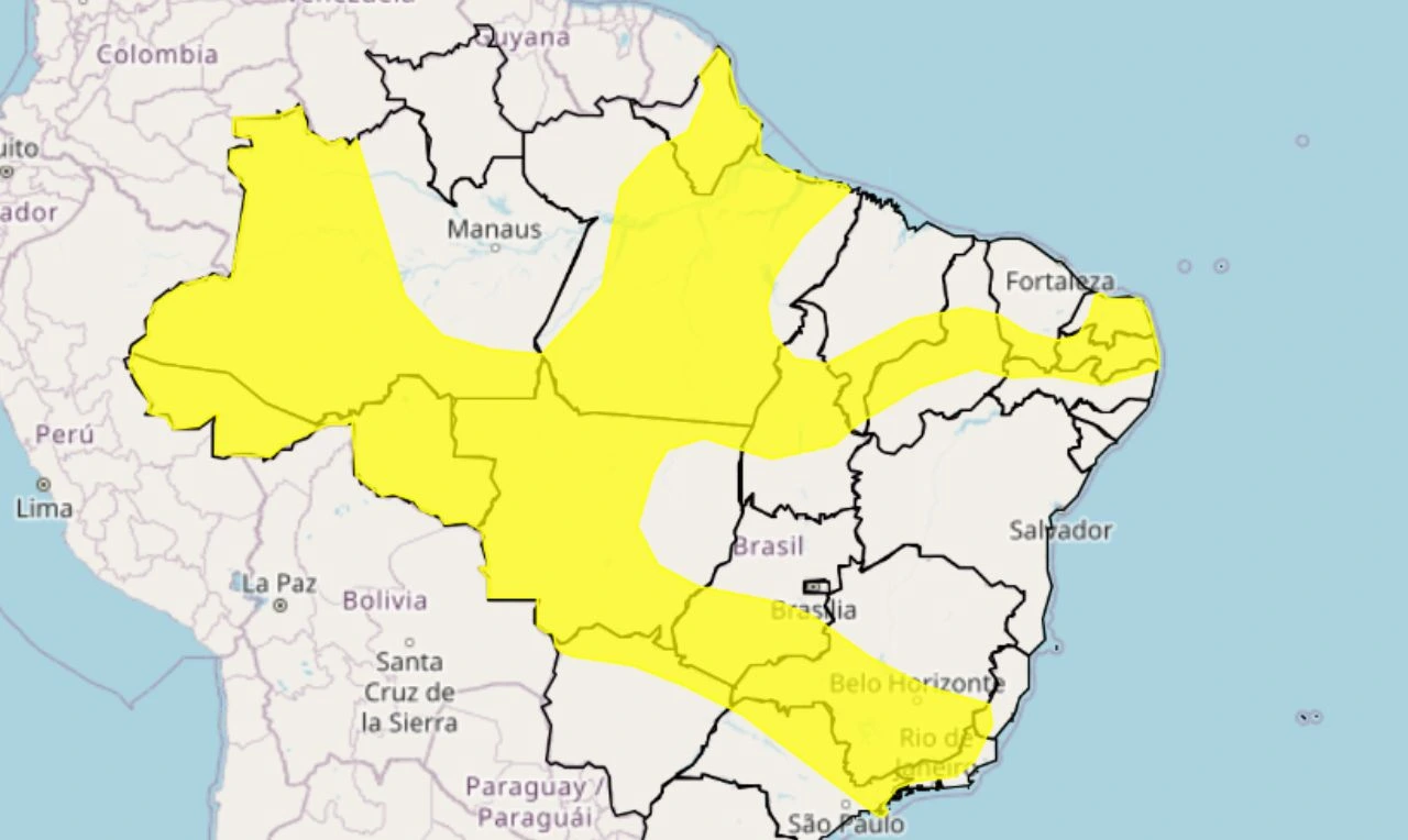 Trata-se de um alerta amarelo para chuva intensa e ventania em grande parte do país