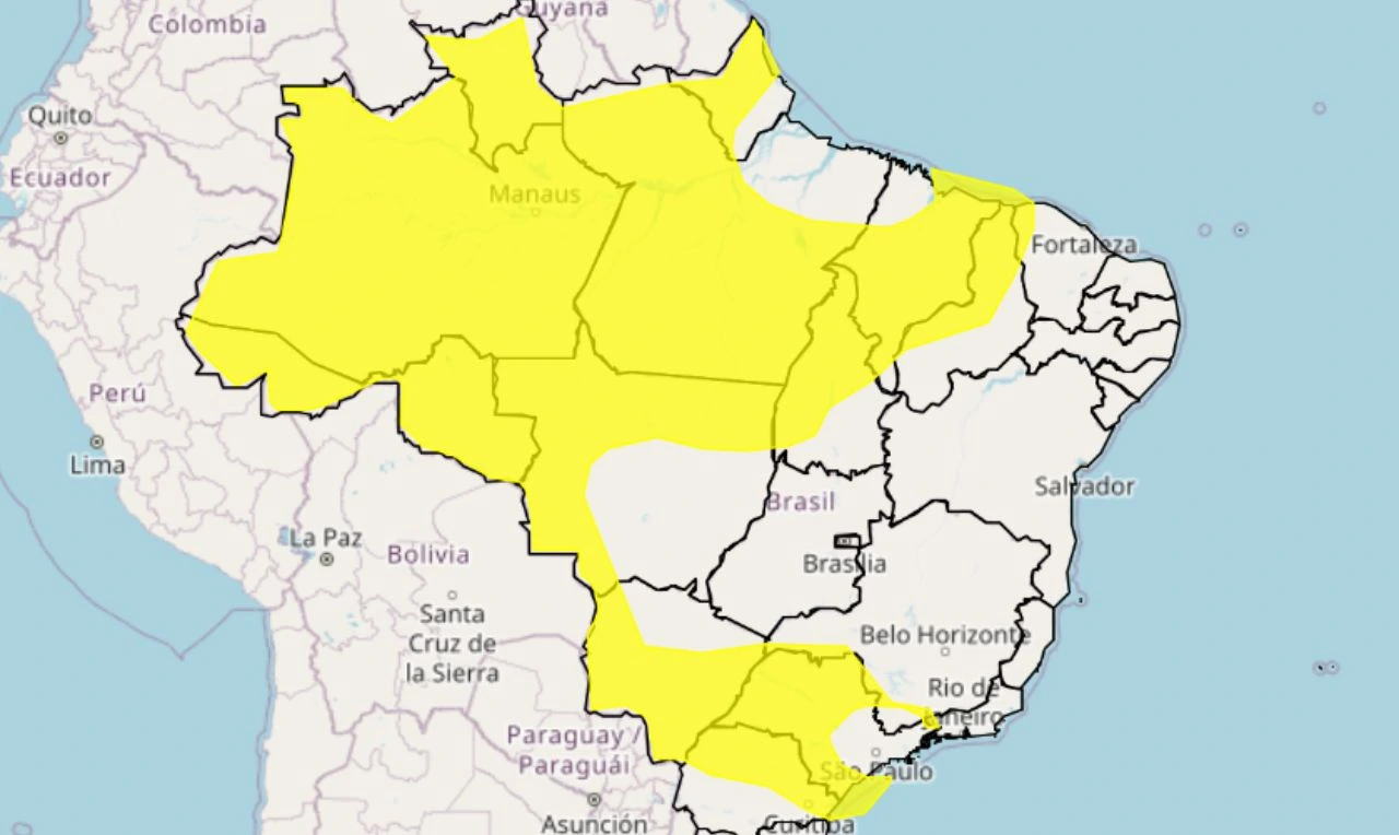 Trata-se de um alerta amarelo para chuvas intensas em grande parte do país