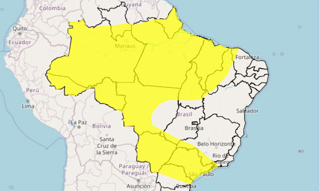 Trata-se de um alerta amarelo para chuvas intensas em grande parte do país