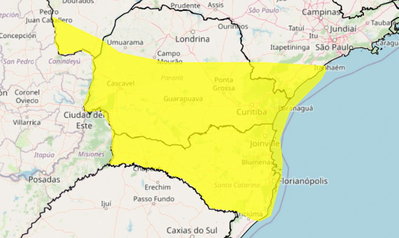 Trata-se de um alerta amarelo para chuvas intensas, ventania e risco de alagamento e corte de energia em partes do Centro-Oeste, Sudeste e Sul